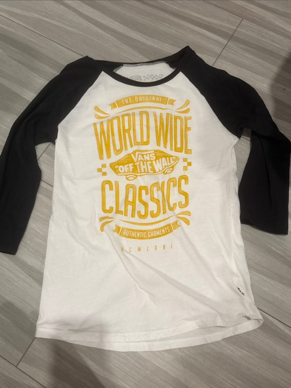 Vans White Tee with Black Raglan Sleeves and Yellow Graphic